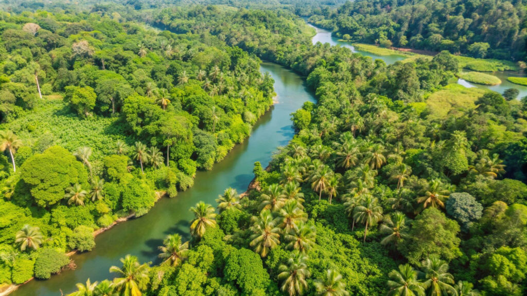 Aerial view of a river flowing through a rainforest