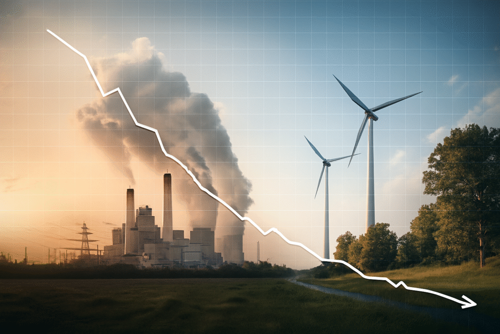 Power plant and wind turbines with superimposed graph trending downwards